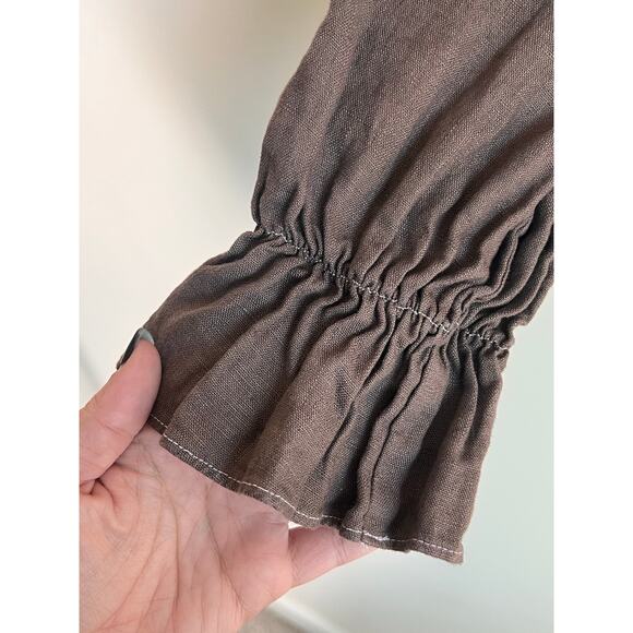 Reformation 100% Linen Puff Sleeve Tie Front Crop Blouse Brown Women's Size S - Picture 4 of 7